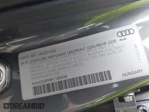 2015 Audi A3 Premium Plus z VIN WAUCCGFF6F1135248, wystawiony jako IAAI lot #42077767 z przebiegiem 75 806 mil mil oraz . Historia ofert i sprzedaży dostępna na DreamBid. Obrazek 9.