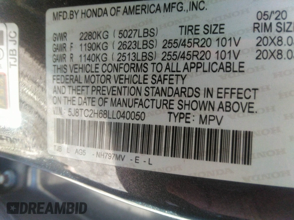 2020 Acura RDX w/A-Spec Pkg with VIN 5J8TC2H68LL040050, listed as a IAAI auction lot 41513493 with 128,217 mi miles. Bid and sale history available at carsss.com. Image 9.