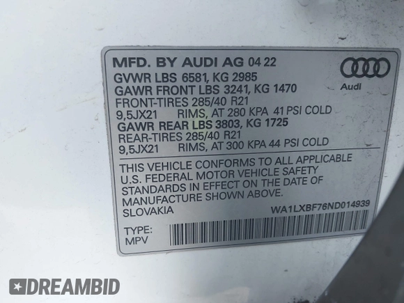 2022 Audi Q7 Premium Plus with VIN WA1LXBF76ND014939, listed as a IAAI auction lot 41925444 with 34,807 mi miles and . Bid and sale history available at DreamBid. Image 9.