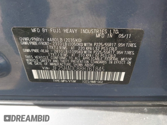 2011 Subaru Forester 2.5X Premium with VIN JF2SHADC8BH761845, listed as a IAAI auction lot 42115832 with 170,280 mi miles. Bid and sale history available at carsss.com. Image 9.