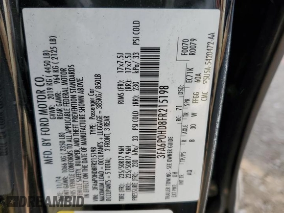 2015 Ford Fusion SE with VIN 3FA6P0HD8FR215198, listed as a Copart auction lot 46061485 with 192,748 mi miles and Salvage Title. Bid and sale history available at DreamBid. Image 14.