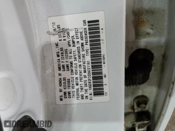 2013 Honda Accord LX z VIN 1HGCR2F32DA221181, wystawiony jako Copart lot #57628065 z przebiegiem 159 040 mil mil oraz Szkoda całkowita • Salvage title. Historia ofert i sprzedaży dostępna na DreamBid. Obrazek 12.