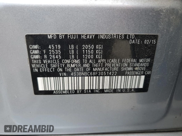 2015 Subaru Legacy Premium with VIN 4S3BNBC68F3051422, listed as a Copart auction lot 57987835 with 114,275 mi miles and Non repairable. Bid and sale history available at DreamBid. Image 12.
