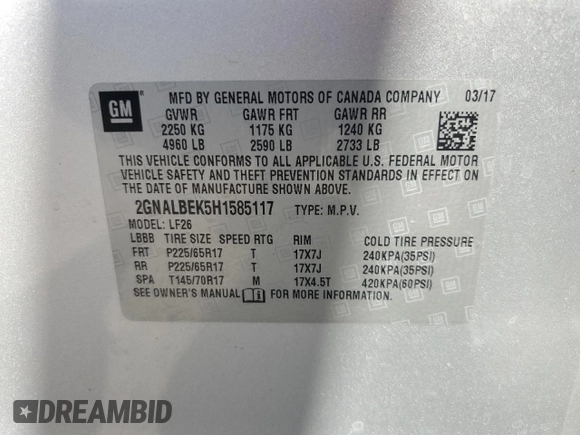 2017 Chevrolet Equinox LS with VIN 2GNALBEK5H1585117, listed as a Copart auction lot 51374395 with Not Provided miles and Salvage Title. Bid and sale history available at DreamBid. Image 14.