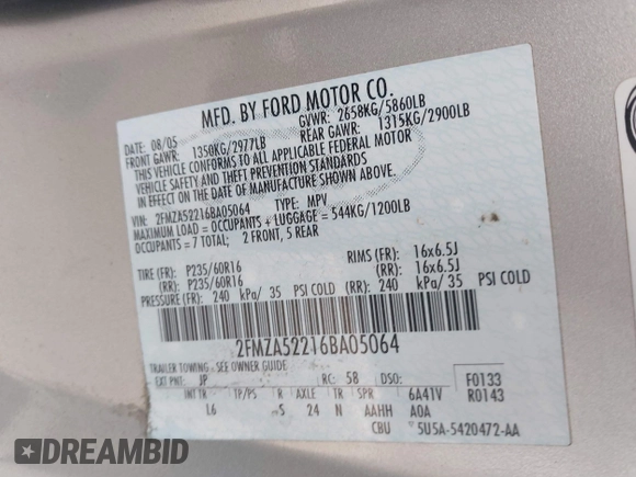 2006 Ford Freestar SEL z VIN 2FMZA52216BA05064, wystawiony jako IAAI lot #42058806 z przebiegiem 157 991 mil mil oraz . Historia ofert i sprzedaży dostępna na DreamBid. Obrazek 9.