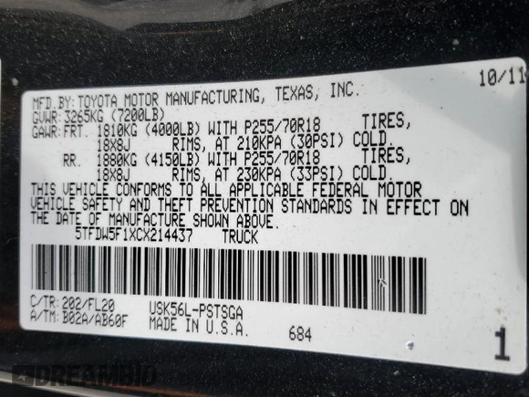 2012 Toyota Tundra 4WD Truck with VIN 5TFDW5F1XCX214437, listed as a Copart auction lot 53457125 with 163,049 mi miles and Clean Title. Bid and sale history available at carsss.com. Image 12.