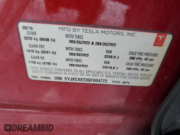 2016 Tesla Model X 70D with VIN 5YJXCAE23GF004772, listed as a Copart auction lot 45426655 with 77,453 mi miles and Salvage Title. Bid and sale history available at DreamBid. Image 13.