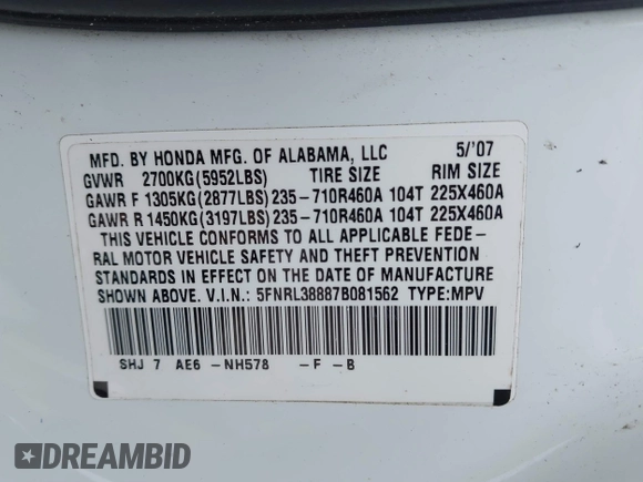 2007 Honda Odyssey Touring with VIN 5FNRL38887B081562, listed as a IAAI auction lot 42000435 with 238,287 mi miles and . Bid and sale history available at DreamBid. Image 9.
