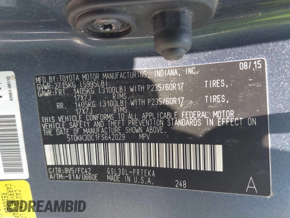 2015 Toyota Sienna LE AAS with VIN 5TDKK3DC1FS642029, listed as a IAAI auction lot 42618738 with 201,344 mi miles and . Bid and sale history available at DreamBid. Image 9.