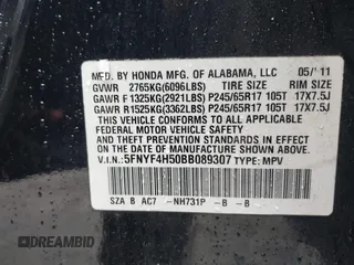 2011 Honda Pilot EX-L z VIN 5FNYF4H50BB089307, wystawiony jako IAAI lot #42317919 z przebiegiem 183 751 mil mil oraz . Historia ofert i sprzedaży dostępna na DreamBid. Obrazek 9.