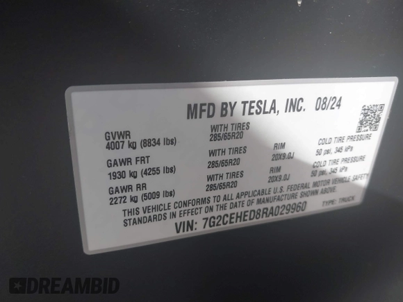 2024 Tesla Cybertruck с VIN 7G2CEHED8RA029960, выставлен на аукционе IAAI как лот 41829549 с пробегом 5 161 миль миль и . История ставок и продаж доступна на DreamBid. Изображение 9.