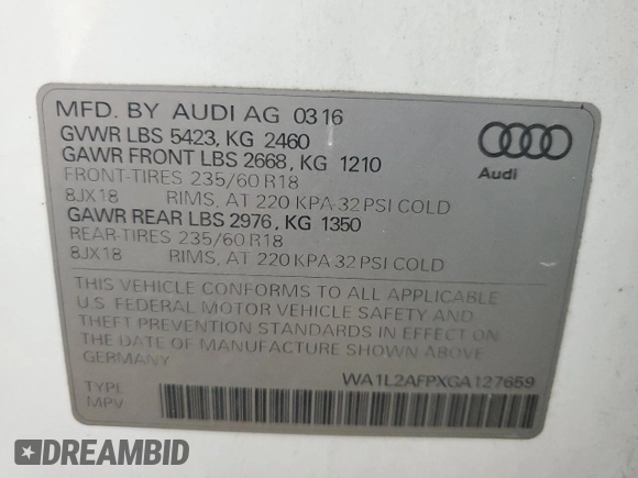2016 Audi Q5 Premium Plus with VIN WA1L2AFPXGA127659, listed as a Copart auction lot 59369295 with 35,336 mi miles and Salvage title. Bid and sale history available at DreamBid. Image 13.