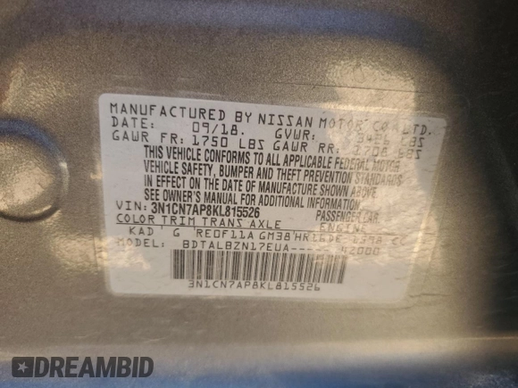 2019 Nissan Versa SV z VIN 3N1CN7AP8KL815526, wystawiony jako Copart lot #53461155 z przebiegiem 90 739 mil mil oraz Szkoda całkowita • Salvage title. Historia ofert i sprzedaży dostępna na DreamBid. Obrazek 12.