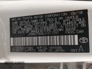 2018 Toyota Prius One with VIN JTDKDTB36J1617291, listed as a Copart auction lot 52917185 with 65,819 mi miles and Clean Title. Bid and sale history available at DreamBid. Image 12.