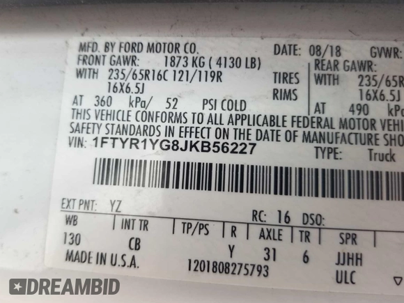 2018 Ford Transit с VIN 1FTYR1YG8JKB56227, выставлен на аукционе IAAI как лот 42662659 с пробегом 108 774 миль миль и . История ставок и продаж доступна на DreamBid. Изображение 16.