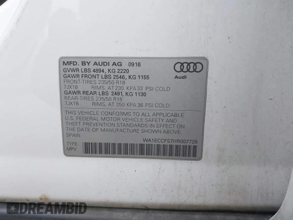 2017 Audi Q3 Premium z VIN WA1ECCFS7HR007729, wystawiony jako IAAI lot #42066580 z przebiegiem 116 460 mil mil oraz . Historia ofert i sprzedaży dostępna na DreamBid. Obrazek 9.
