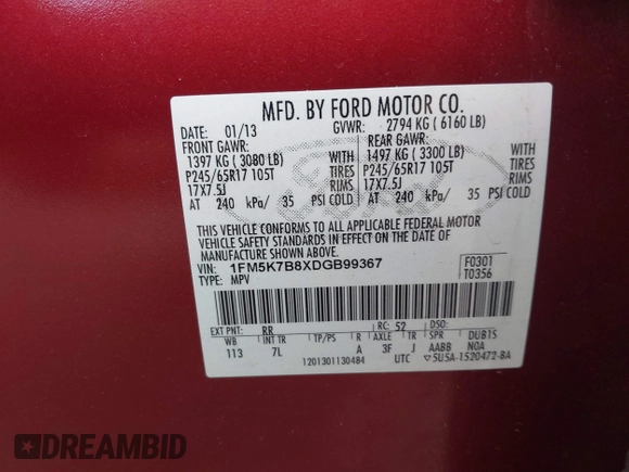 2013 Ford Explorer с VIN 1FM5K7B8XDGB99367, выставлен на аукционе IAAI как лот 42774792 с пробегом 119 161 миль миль и . История ставок и продаж доступна на DreamBid. Изображение 9.