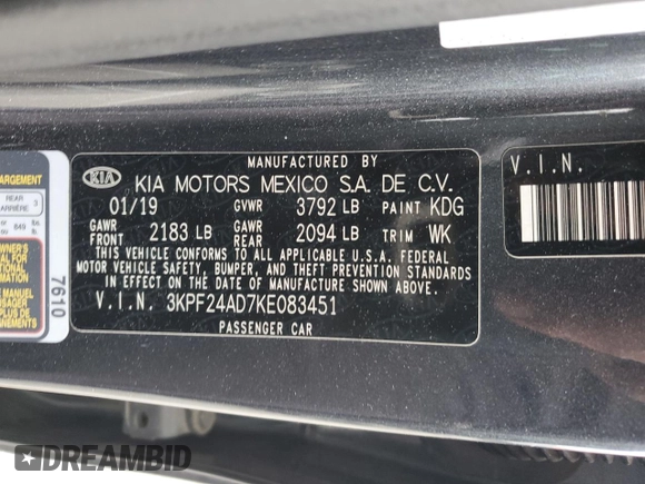 2019 Kia Forte LXS with VIN 3KPF24AD7KE083451, listed as a Copart auction lot 53727175 with 93,684 mi miles and Clean Title. Bid and sale history available at DreamBid. Image 12.
