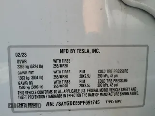 2023 Tesla Model Y Long Range with VIN 7SAYGDEE5PF691745, listed as a Copart auction lot 47784545 with 21,117 mi miles and Salvage Title. Bid and sale history available at DreamBid. Image 13.