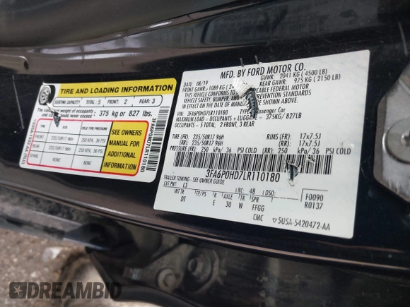 2020 Ford Fusion SE with VIN 3FA6P0HD7LR110180, listed as a IAAI auction lot 42180826 with 151,934 mi miles and . Bid and sale history available at DreamBid. Image 9.