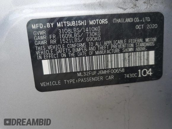 2021 Mitsubishi Mirage ES with VIN ML32FUFJ6MHF00658, listed as a Copart auction lot 61990415 with 58,412 mi miles and Salvage title. Bid and sale history available at DreamBid. Image 13.