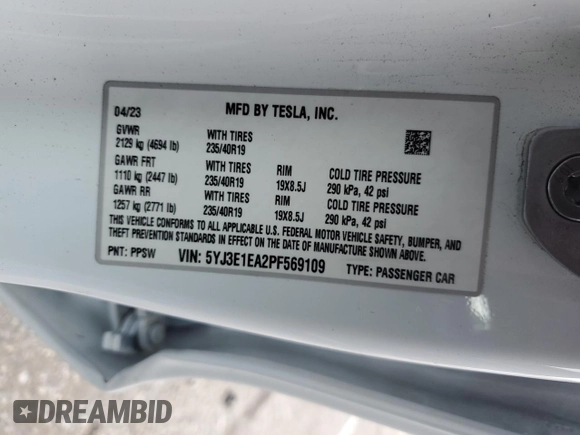 2023 Tesla Model 3 with VIN 5YJ3E1EA2PF569109, listed as a Copart auction lot 48527155 with 30,458 mi miles and Salvage Title. Bid and sale history available at carsss.com. Image 12.