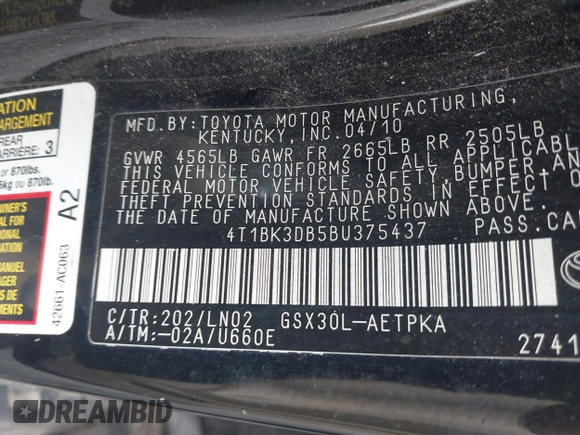 2011 Toyota Avalon with VIN 4T1BK3DB5BU375437, listed as a IAAI auction lot 41715548 with 124,445 mi miles and . Bid and sale history available at carsss.com. Image 9.