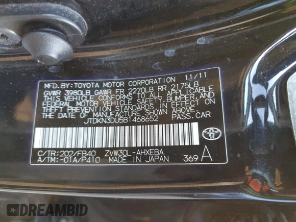2011 Toyota Prius I with VIN JTDKN3DU5B1468652, listed as a Copart auction lot 43157945 with 140,681 mi miles and Clean Title. Bid and sale history available at DreamBid. Image 12.
