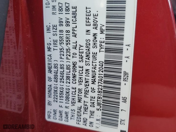 2007 Acura RDX with VIN 5J8TB18237A012040, listed as a Copart auction lot 48458265 with 143,922 mi miles and Salvage Title. Bid and sale history available at carsss.com. Image 12.