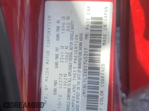 2013 Mazda 3 Mazdaspeed3 Touring with VIN JM1BL1L3XD1745317, listed as a Copart auction lot 53157855 with Not Provided miles and Clean Title. Bid and sale history available at DreamBid. Image 12.