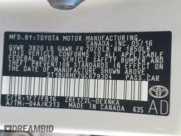 2016 Toyota Corolla L with VIN 2T1BURHE2GC679304, listed as a IAAI auction lot 42088007 with 64,694 mi miles and . Bid and sale history available at DreamBid. Image 9.