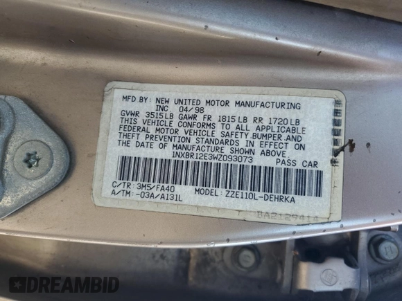 1998 Toyota Corolla VE with VIN 1NXBR12E3WZ093073, listed as a Copart auction lot 58270705 with 303,875 mi miles and Salvage title. Bid and sale history available at DreamBid. Image 12.