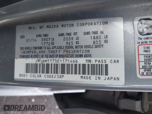 2014 Mazda 3 i SV with VIN JM1BM1T73E1171466, listed as a IAAI auction lot 41999827 with 157,739 mi miles and . Bid and sale history available at DreamBid. Image 9.