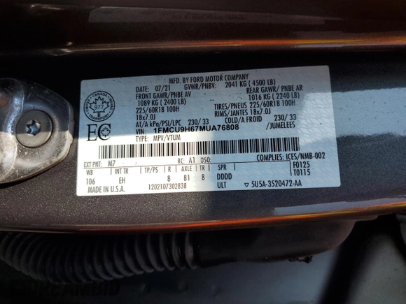 2021 Ford Escape SEL с VIN 1FMCU9H67MUA76808, выставлен на аукционе Copart как лот 64465545 с пробегом Не указан миль и На запчасти • Non repairable. История ставок и продаж доступна на DreamBid. Изображение 13.