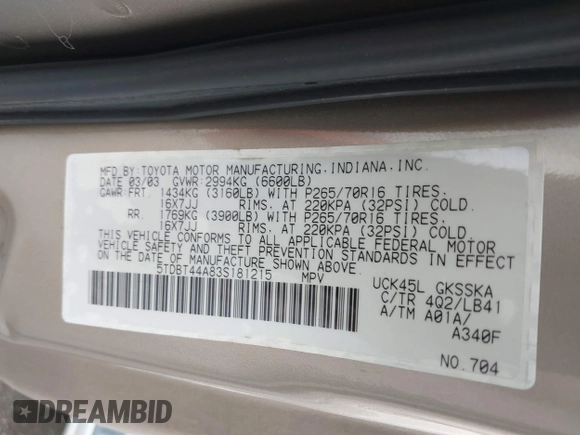 2003 Toyota Sequoia SR5 with VIN 5TDBT44A83S181215, listed as a IAAI auction lot 41855640 with 234,110 mi miles and . Bid and sale history available at DreamBid. Image 9.