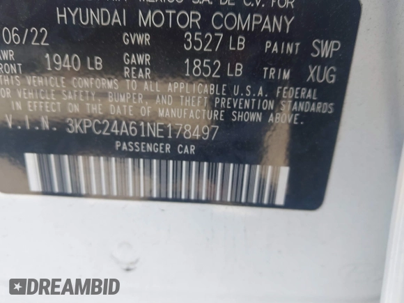 2022 Hyundai Accent SE with VIN 3KPC24A61NE178497, listed as a IAAI auction lot 41814752 with 21,267 mi miles. Bid and sale history available at carsss.com. Image 9.