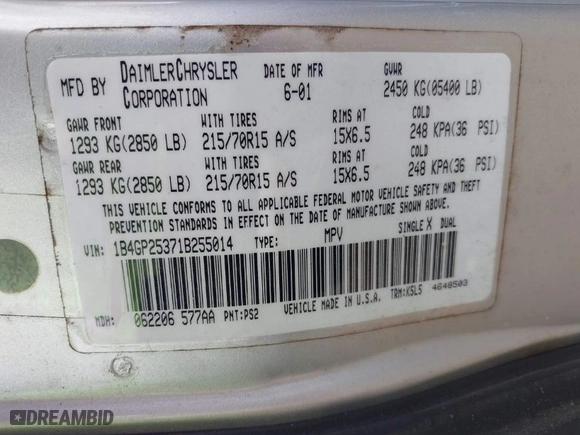 2001 Dodge Caravan SE with VIN 1B4GP25371B255014, listed as a IAAI auction lot 41796770 with 274,726 mi miles. Bid and sale history available at carsss.com. Image 9.