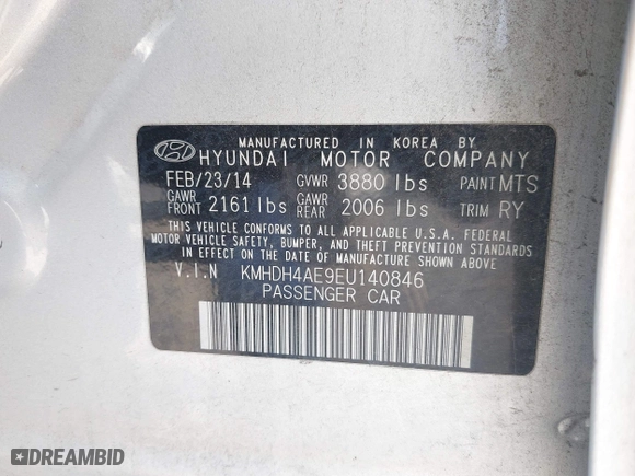 2014 Hyundai Elantra SE with VIN KMHDH4AE9EU140846, listed as a IAAI auction lot 42032069 with 168,052 mi miles. Bid and sale history available at carsss.com. Image 9.