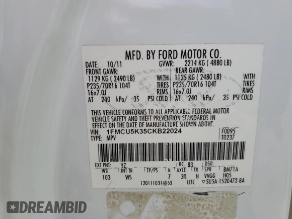2012 Ford Escape Hybrid z VIN 1FMCU5K35CKB22024, wystawiony jako Copart lot #52204865 z przebiegiem 97 424 mil mil oraz Szkoda całkowita • Salvage title. Historia ofert i sprzedaży dostępna na DreamBid. Obrazek 14.