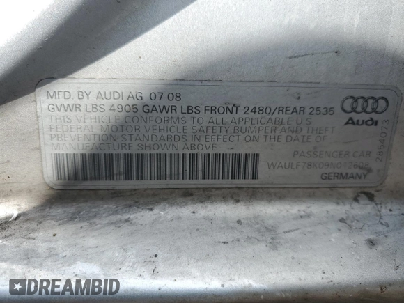 2009 Audi A4 Premium with VIN WAULF78K09N012608, listed as a Copart auction lot 61978525 with 140,078 mi miles and Salvage title. Bid and sale history available at DreamBid. Image 13.