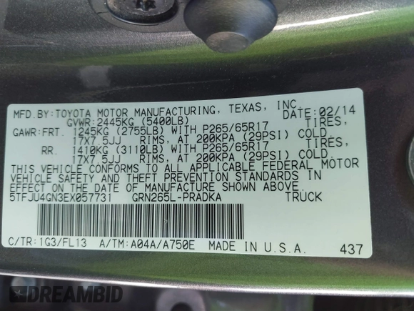 2014 Toyota Tacoma PreRunner with VIN 5TFJU4GN3EX057731, listed as a IAAI auction lot 41703750 with 110,321 mi miles. Bid and sale history available at carsss.com. Image 9.