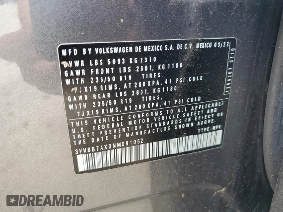 2022 Volkswagen Tiguan SE R-Line Black with VIN 3VV8B7AX0NM091052, listed as a Copart auction lot 60020515 with 46,687 mi miles and Salvage title. Bid and sale history available at DreamBid. Image 14.