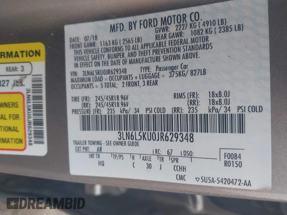 2018 Lincoln MKZ Hybrid Premiere with VIN 3LN6L5KU0JR629348, listed as a IAAI auction lot 41921017 with 119,974 mi miles and . Bid and sale history available at DreamBid. Image 9.