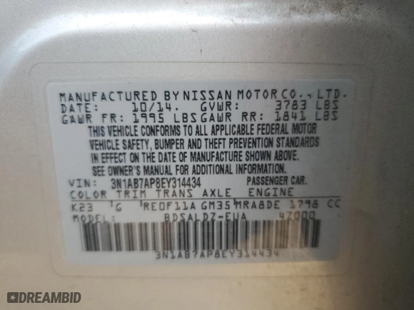 2014 Nissan Sentra SV with VIN 3N1AB7AP8EY314434, listed as a Copart auction lot 51108675 with 123,485 mi miles and Salvage Title. Bid and sale history available at carsss.com. Image 12.