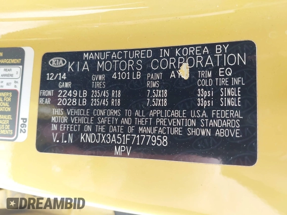 2015 Kia Soul + with VIN KNDJX3A51F7177958, listed as a IAAI auction lot 41956992 with 125,202 mi miles and . Bid and sale history available at DreamBid. Image 9.