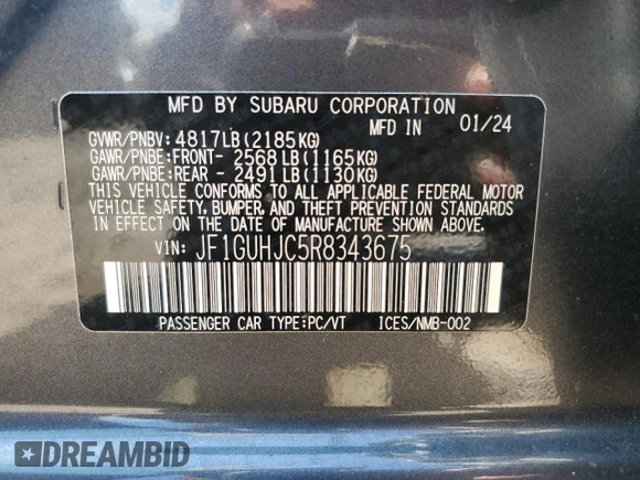 2024 Subaru Impreza RS with VIN JF1GUHJC5R8343675, listed as a Copart auction lot 73844394 with 0 mi miles and Non Repairable. Bid and sale history available at carsss.com. Image 13.