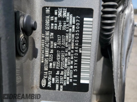 2013 Kia Sorento LX with VIN 5XYKTDA64DG350077, listed as a Copart auction lot 54119105 with 120,349 mi miles and Salvage Title. Bid and sale history available at carsss.com. Image 13.
