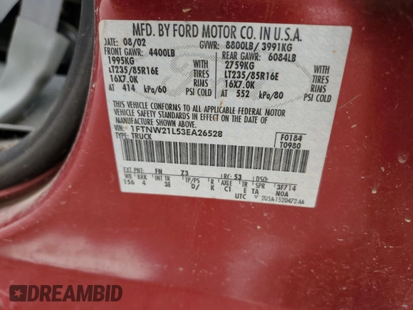 2003 Ford F-250 XL с VIN 1FTNW21L53EA26528, выставлен на аукционе Copart как лот 53901195 с пробегом 175 578 миль миль и Списание • Salvage title. История ставок и продаж доступна на DreamBid. Изображение 12.