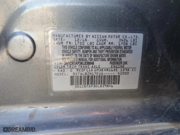 2019 Nissan Versa Sedan SV with VIN 3N1CN7AP3KL839846, listed as a Copart auction lot 45487135 with 123,661 mi miles and Clean Title. Bid and sale history available at carsss.com. Image 12.