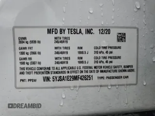 2021 Tesla Model S Long Range Plus с VIN 5YJSA1E29MF426251, выставлен на аукционе Copart как лот 57943695 с пробегом 61 664 миль миль и Списание • Salvage title. История ставок и продаж доступна на DreamBid. Изображение 13.